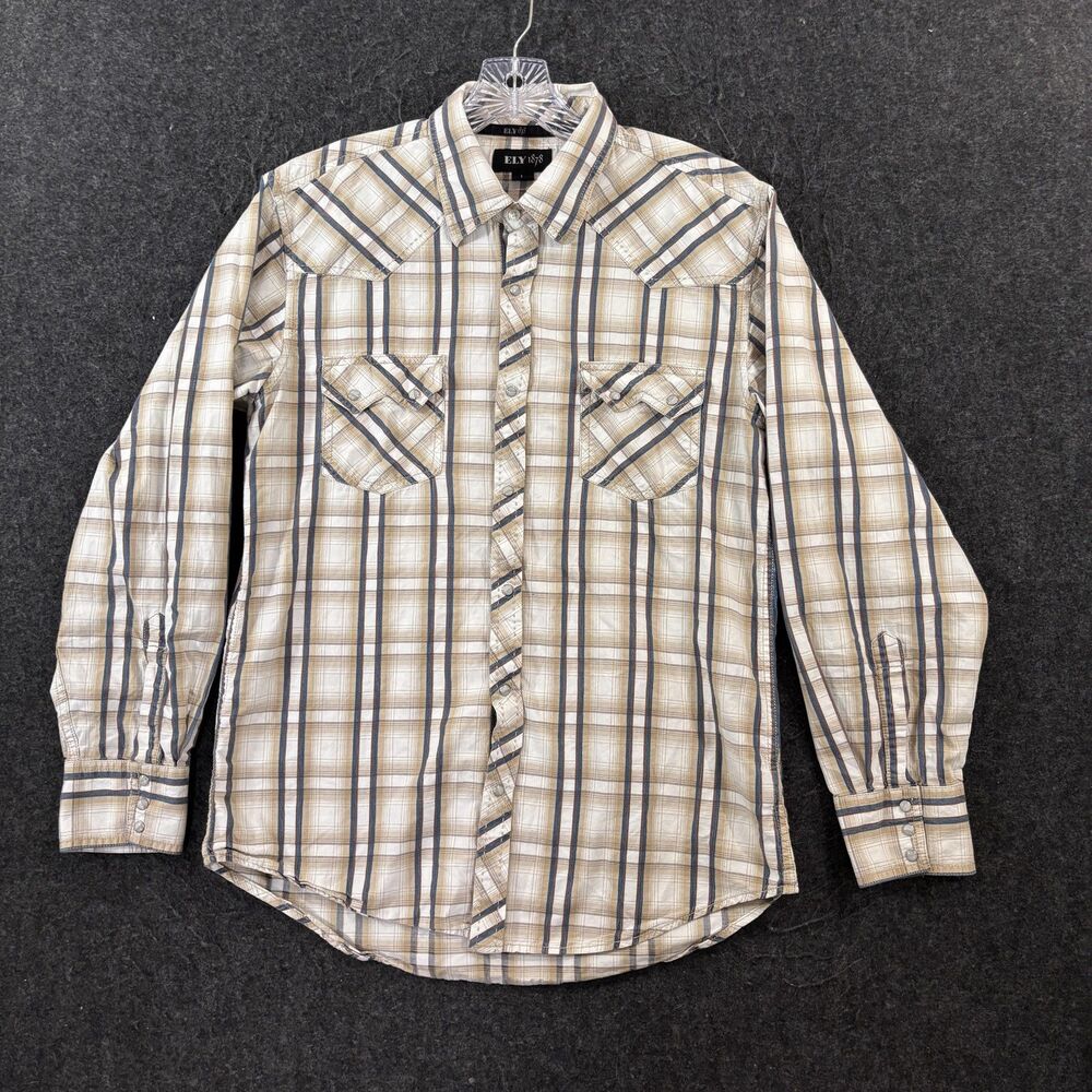 Ely Cattleman 1878 Shirt Men's Large Beige Plaid Pearl Snap Western Cowboy